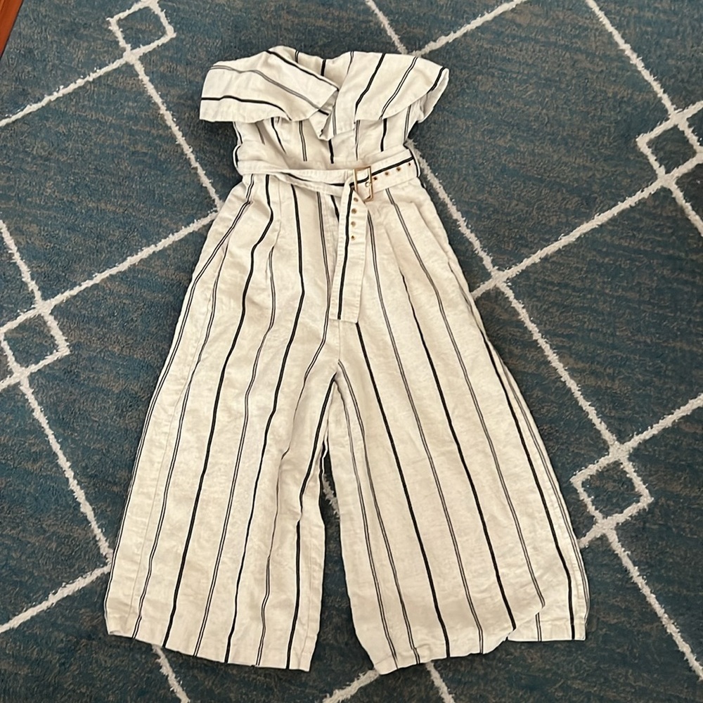 L’ATISTE Strapless Cream & Black Striper Linen Jumpsuit Size SMALL